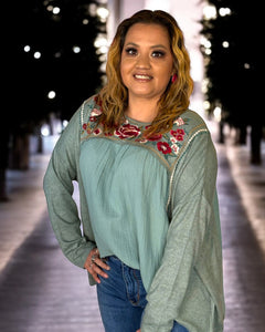 TRICIA EMBROIDERED SAGE TOP