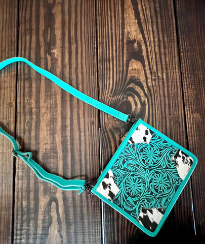 TERRAH TURQUOISE HAIR ON HIDE AND TOOLED LEATHER HANDBAG