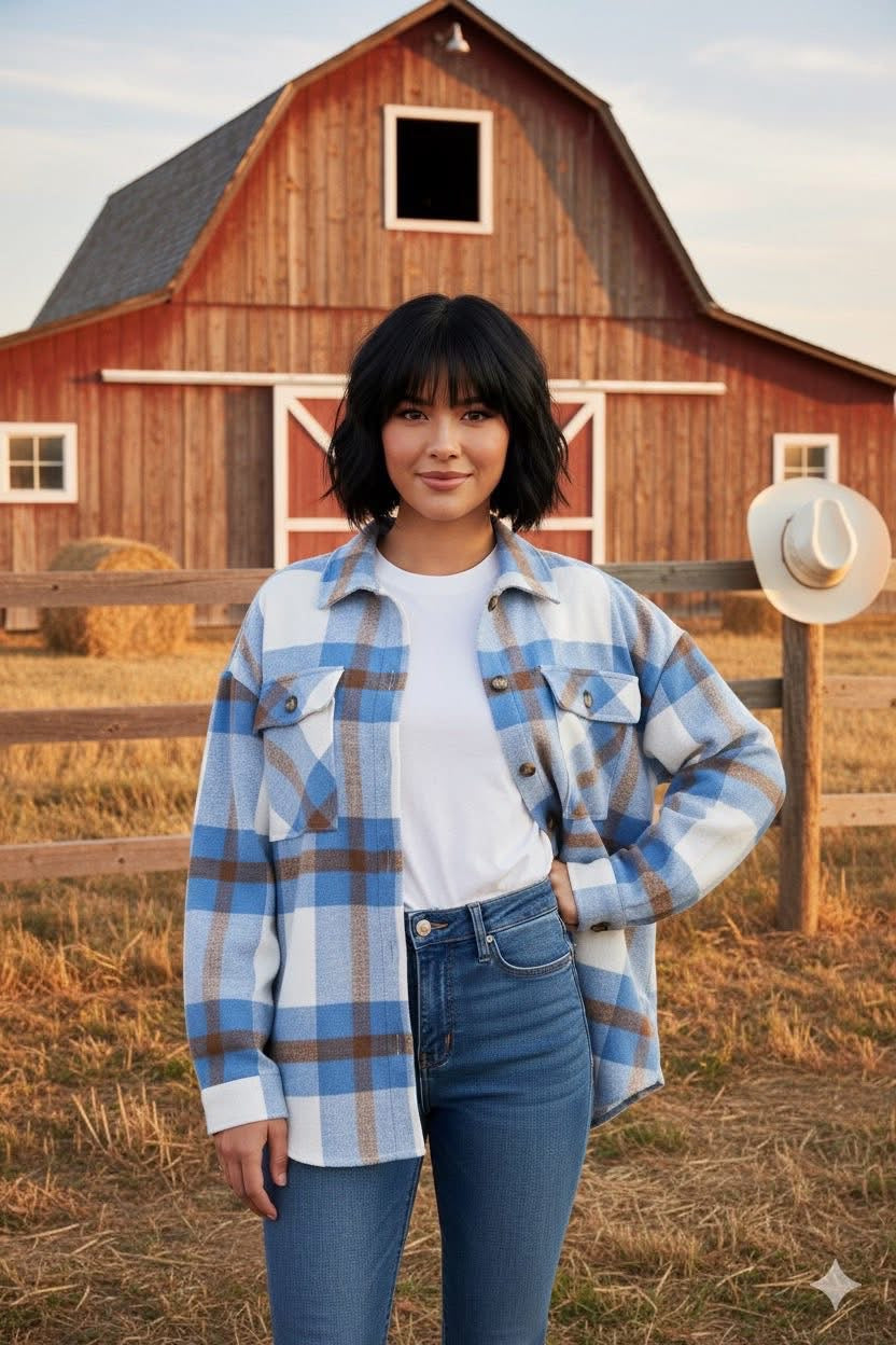 FLEECE LINED BLUE PLAID SHACKET