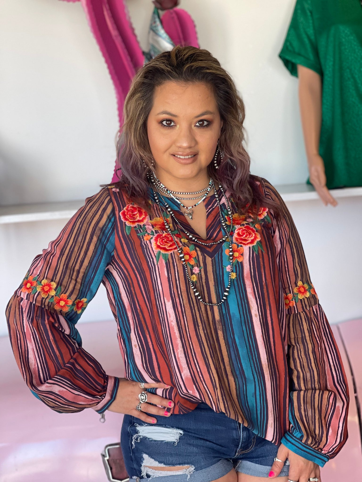 CORENA STRIPE EMBROIDERED TOP