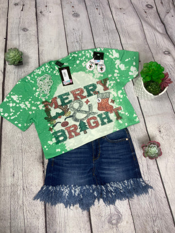 MERRY AND BRIGHT GREEN BLEACH TEE