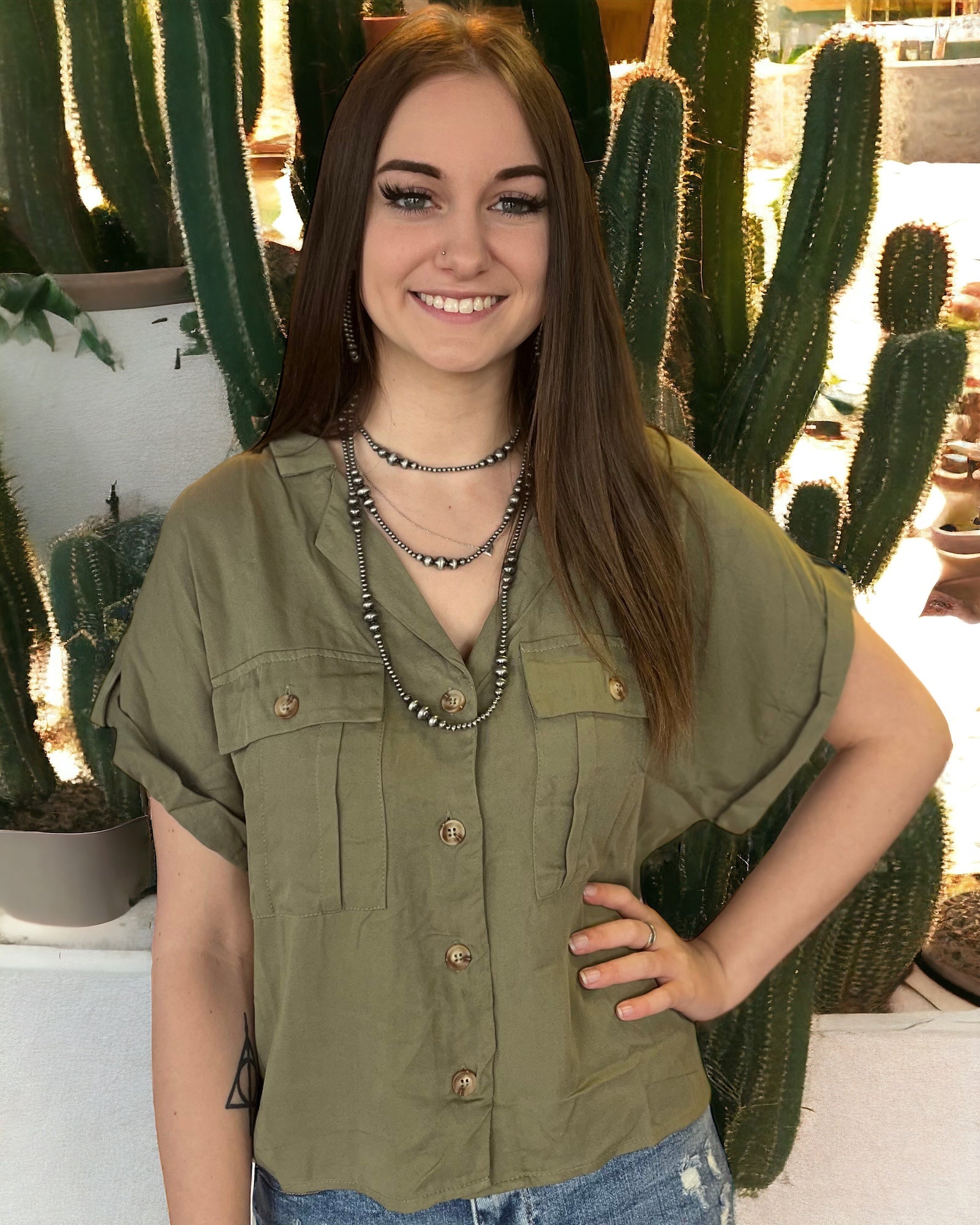 MARIAH OLIVE BUTTON UP TOP