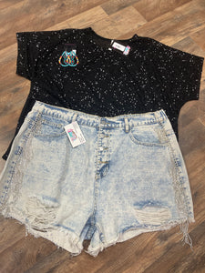 STONE WASH RHINESTONE SHORT