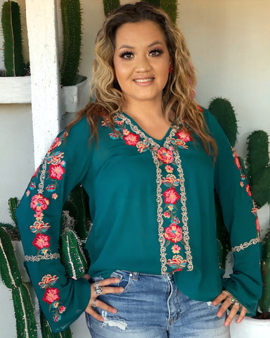 LILLIAN TURQUOISE EMBROIDERED TOP