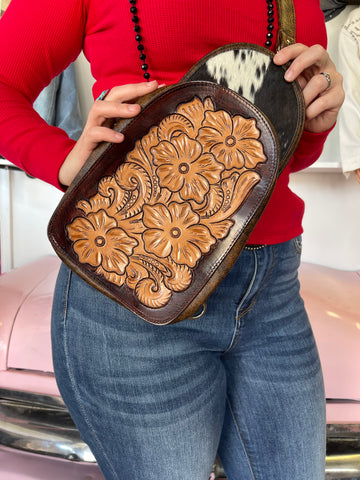 LARGE TOOLED LEATHER SLING BAG
