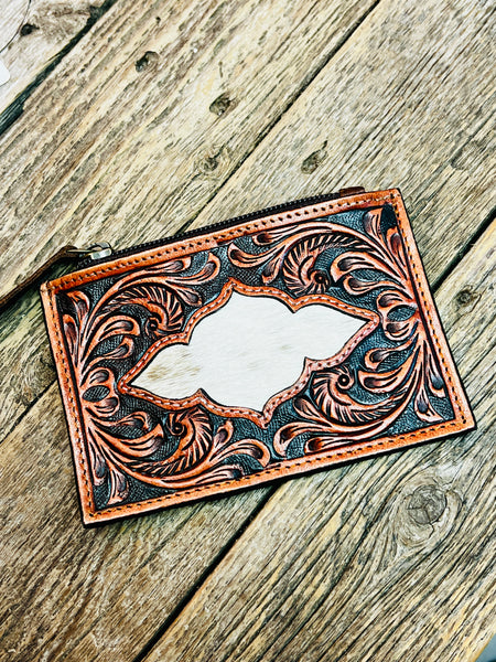 TOOLED HAIR ON HIDE POUCH