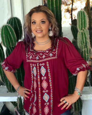 BELINDA BURGUNDY EMBROIDERED TOP