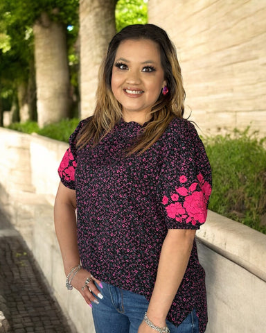 CALLIE BLACK AND PINK EMBROIDERED TOP