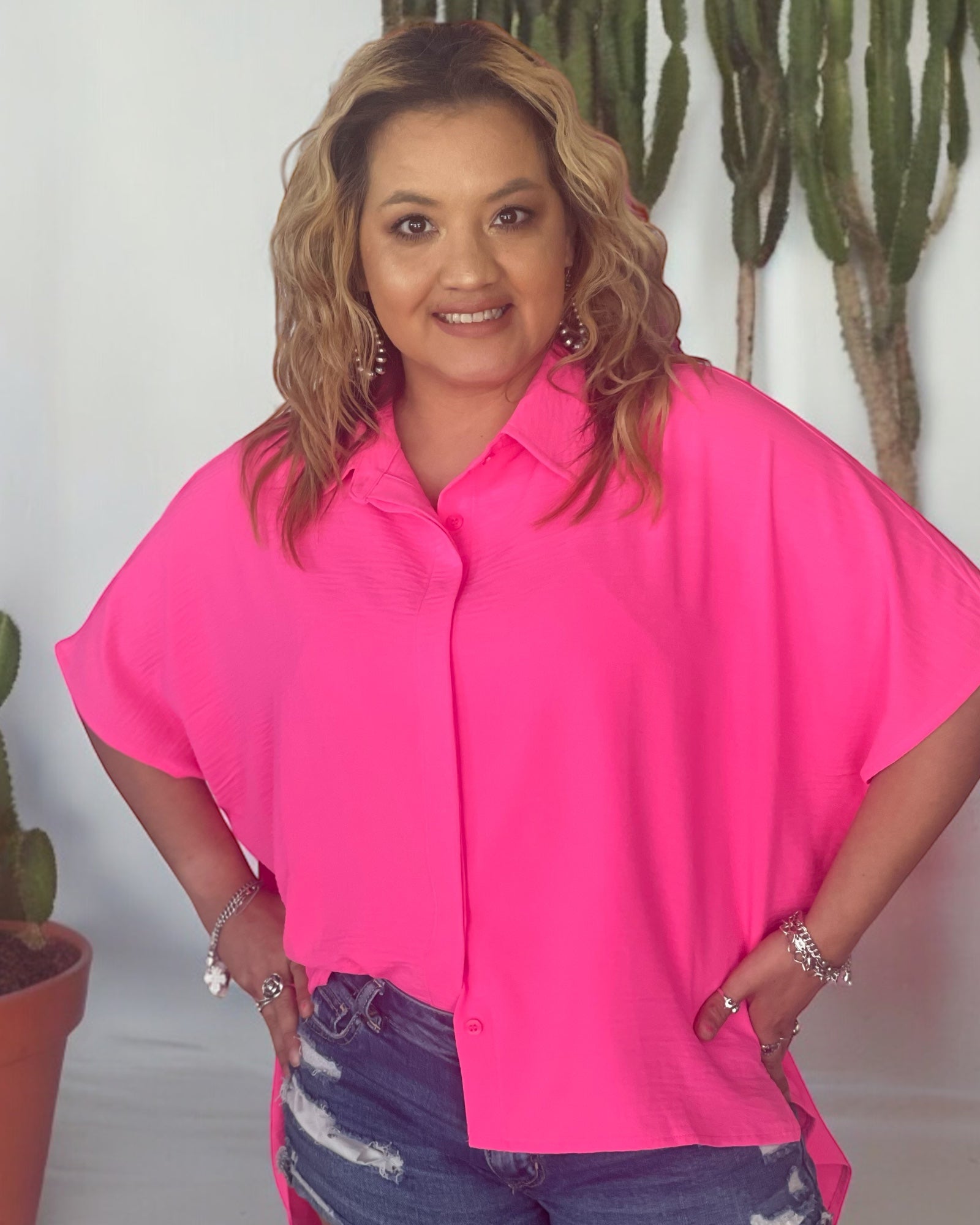 CALLIE NEON FUCHSIA BUTTON DOWN TOP