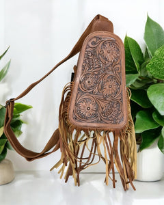 LEATHER FRINGE TOOLED SLING BAG