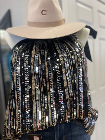 BLACK SEQUIN ONE SHOULDER TOP