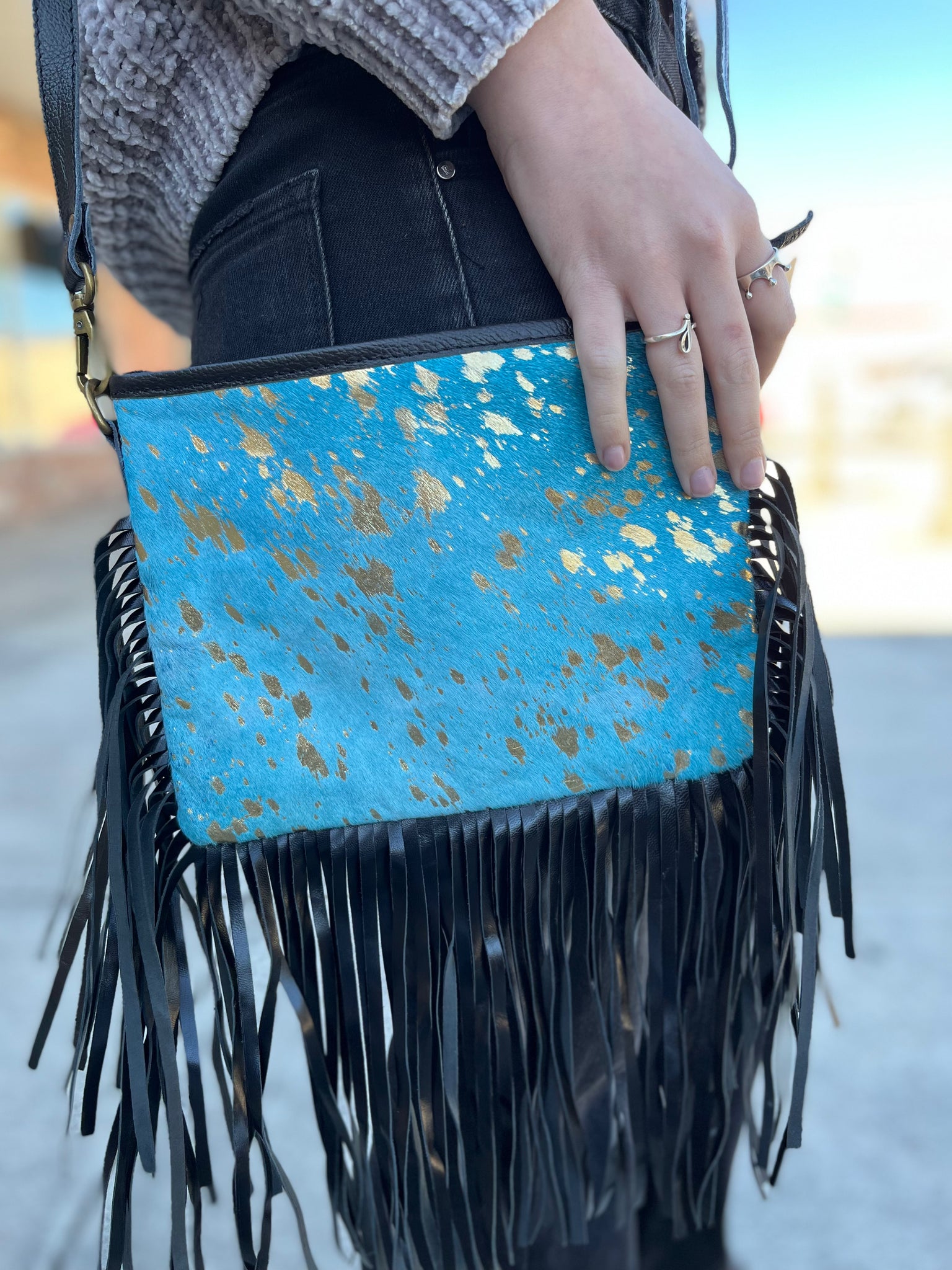 BLUE HAIR ON HIDE HANDBAG