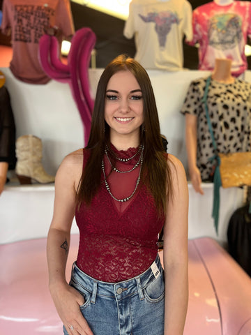 BURGUNDY LACE BODYSUIT