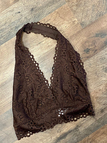 BROWN LACE HALTER BRALETTE