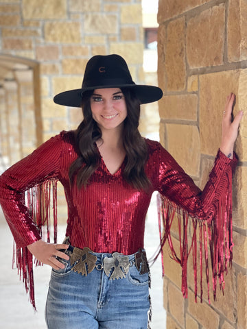 RED SEQUIN FRINGE BODYSUIT