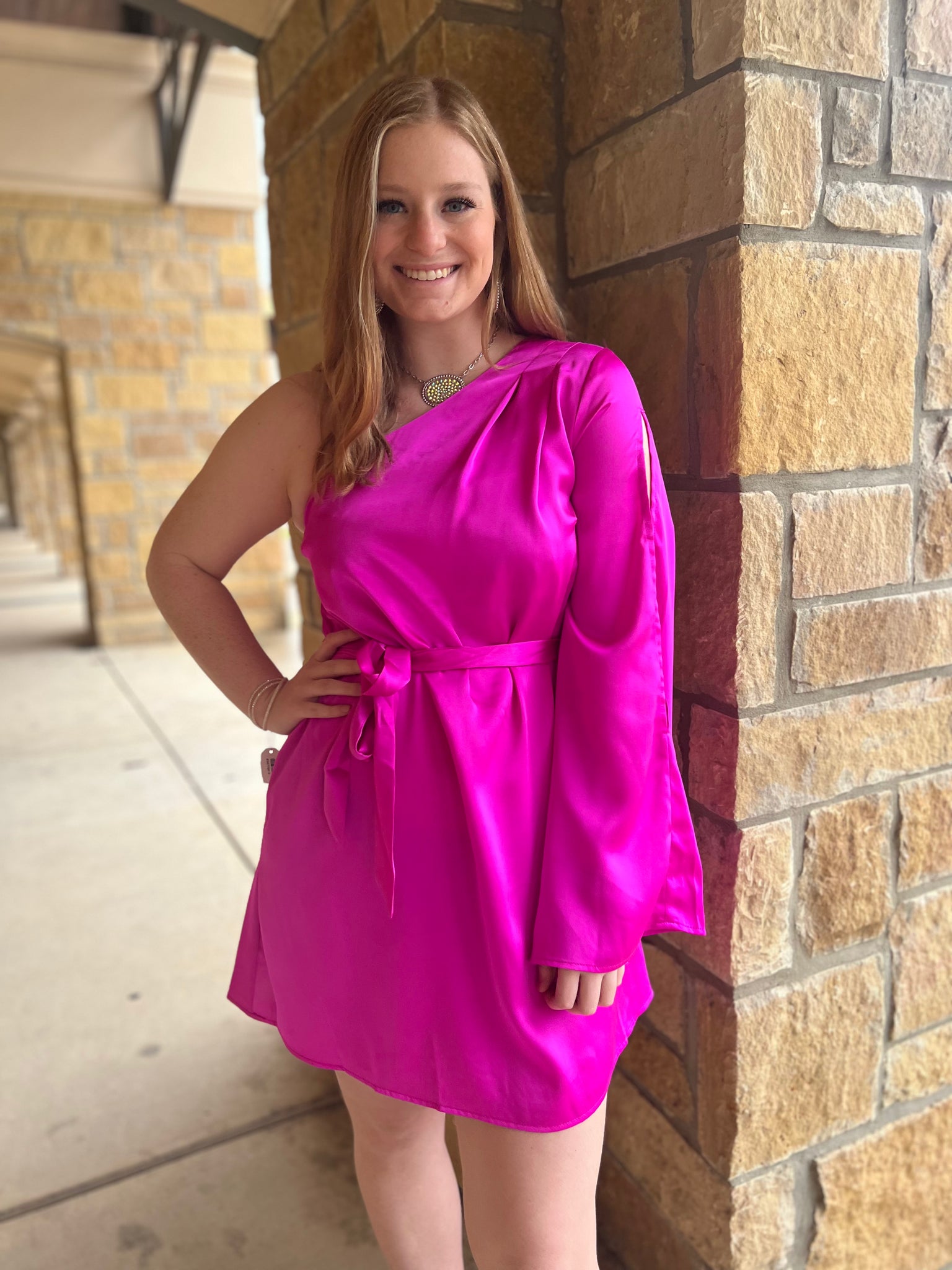 PINK SATIN ONE SHOULDER DRESS