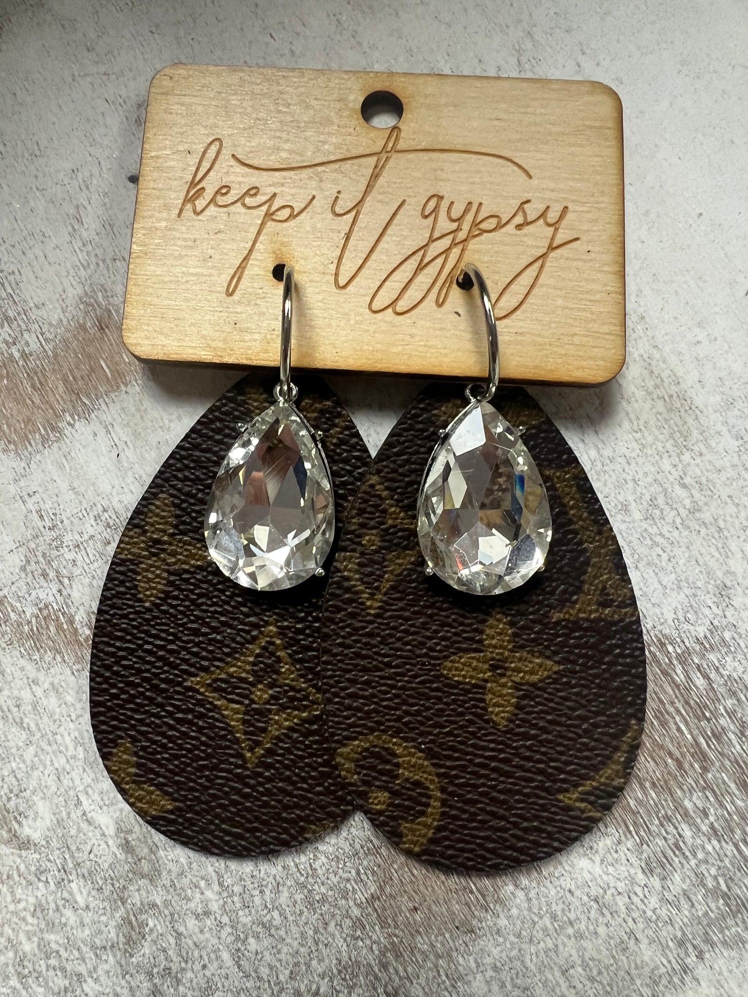 CLEAR STONE TEARDROP UPCYCLED EARRINGS