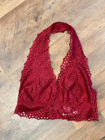 BURGUNDY LACE HALTER BRALETTE