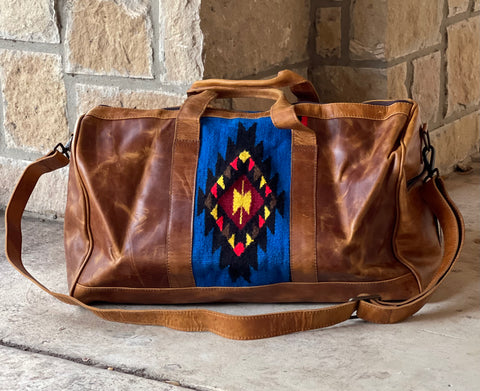 BLUE LEATHER / SADDLE BLANKET DUFFLE BAG