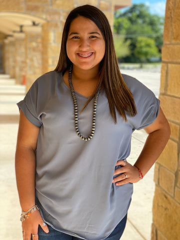 DUSTY BLUE CUFFED SLEEVE TOP